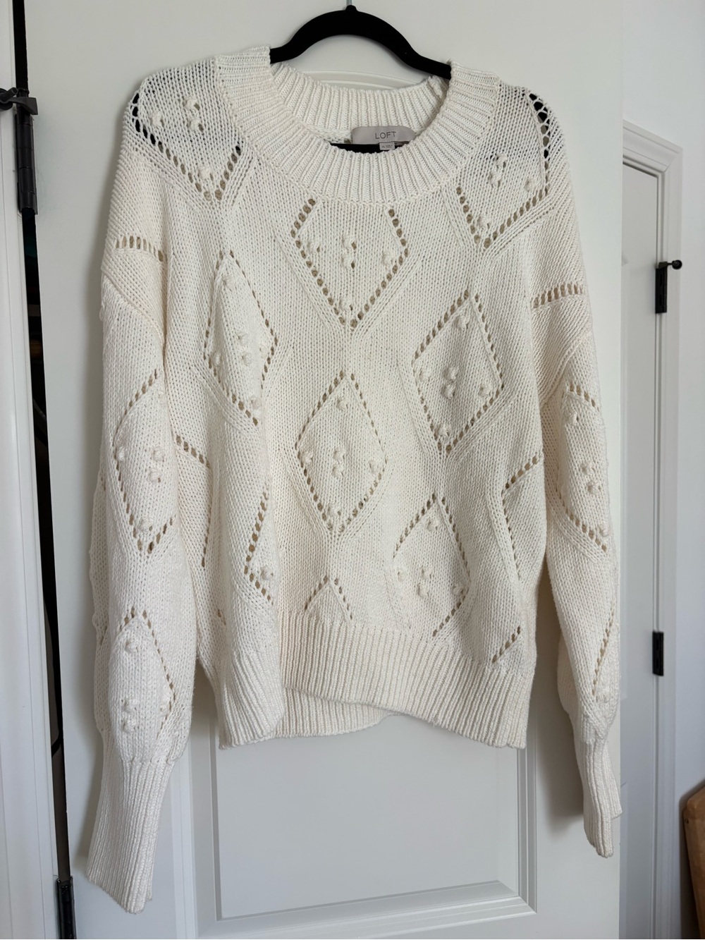 LOFT Ivory Open-Knit Diamond Crewneck Sweater